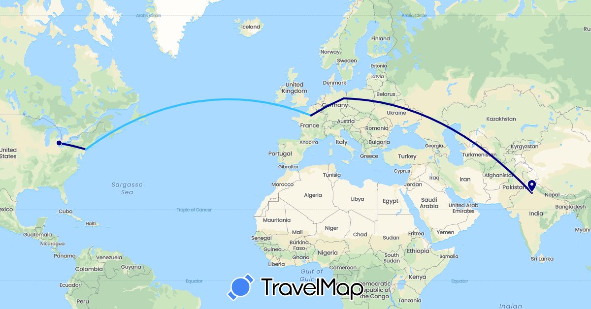 TravelMap itinerary: driving, boat in Germany, France, India, United States (Asia, Europe, North America)